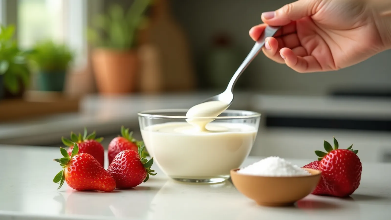 A hand spoons yogurt beside strawberries and a small sugar bowl in kitchen light.