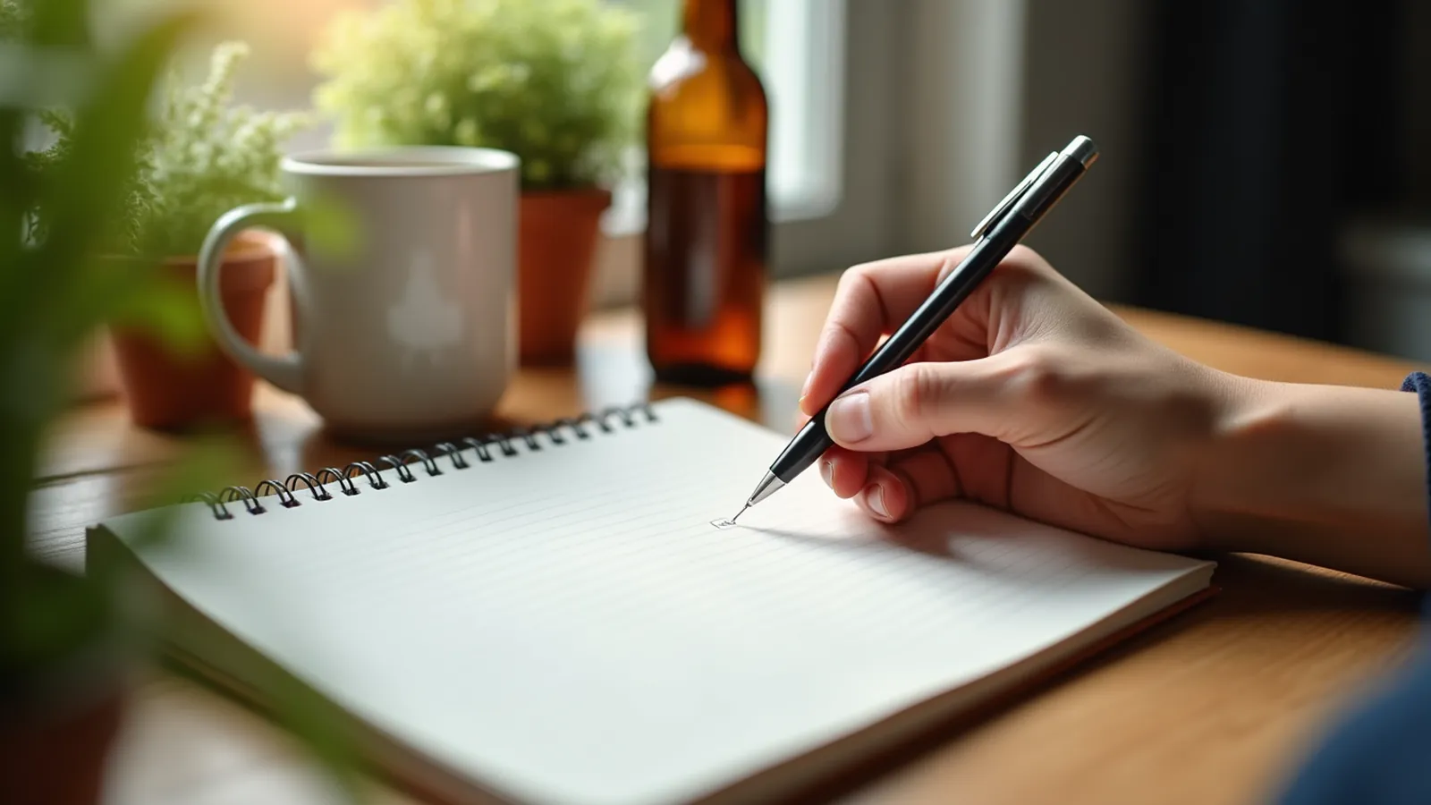 A hand with pen above a blank notebook with five empty lines on a kitchen table.