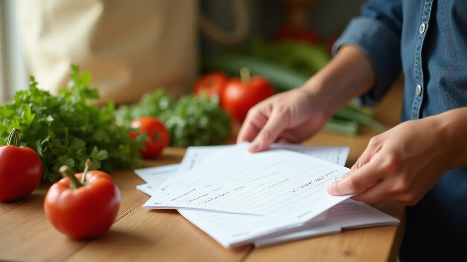 Blank glossary cards, grocery tote and vegetables on a sunlit kitchen table, illustrating A1C meaning.