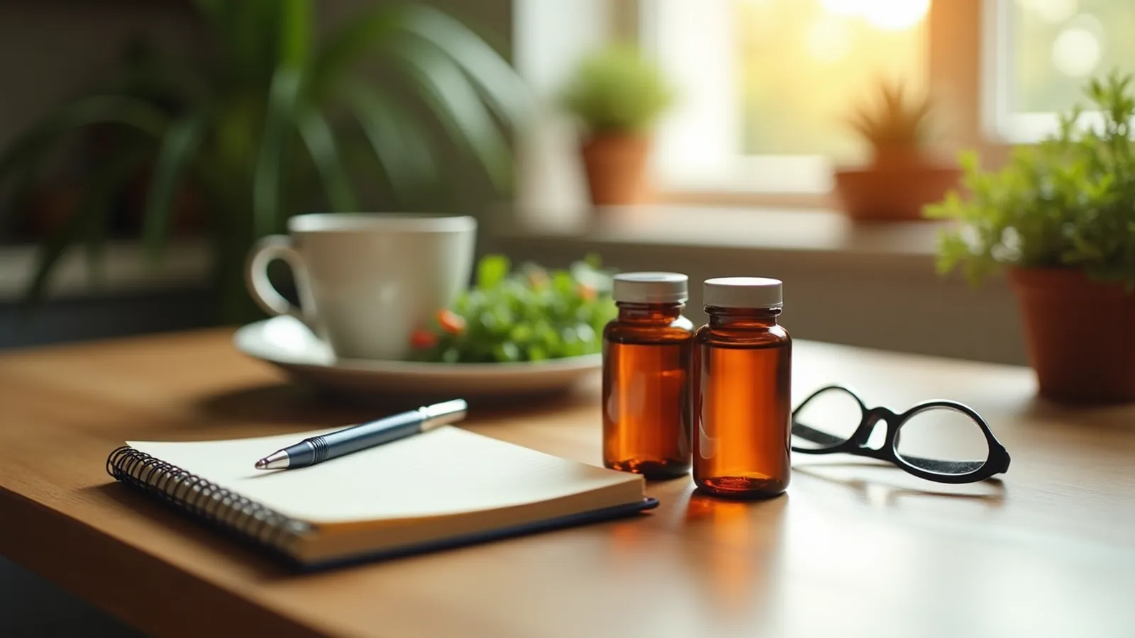 Blank notepad and unmarked supplement bottles for blood sugar support checks