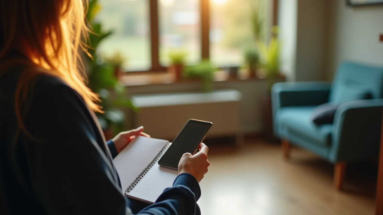 Woman from behind in waiting room with notepad and phone, considering recording a doctor visit.