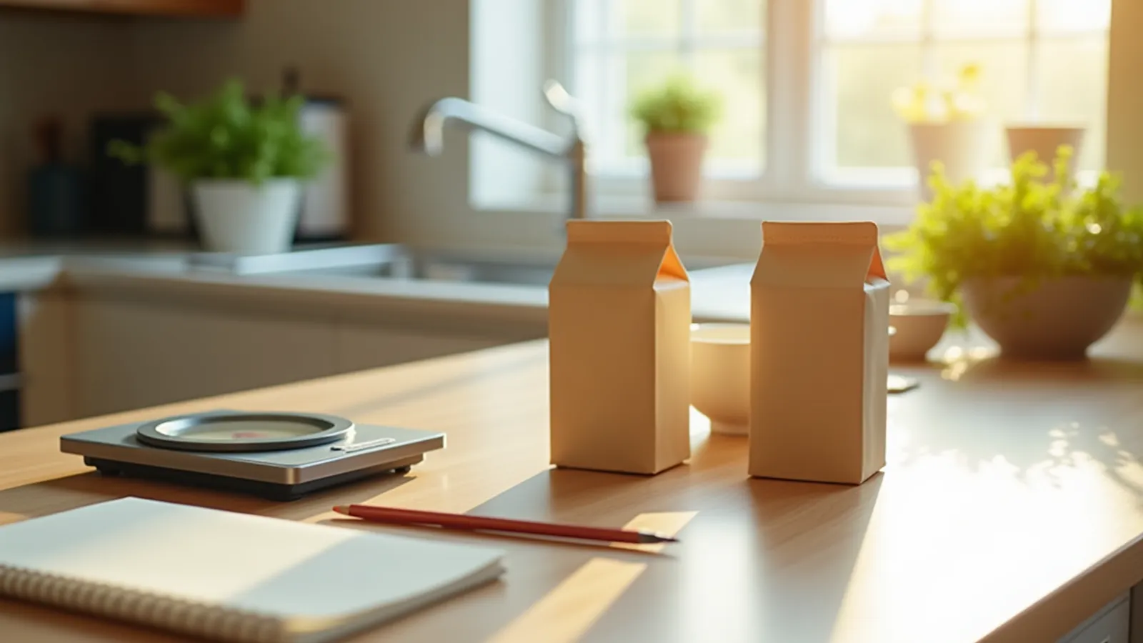 Two plain food cartons, kitchen scale, notebook and pencil for comparing food labels.