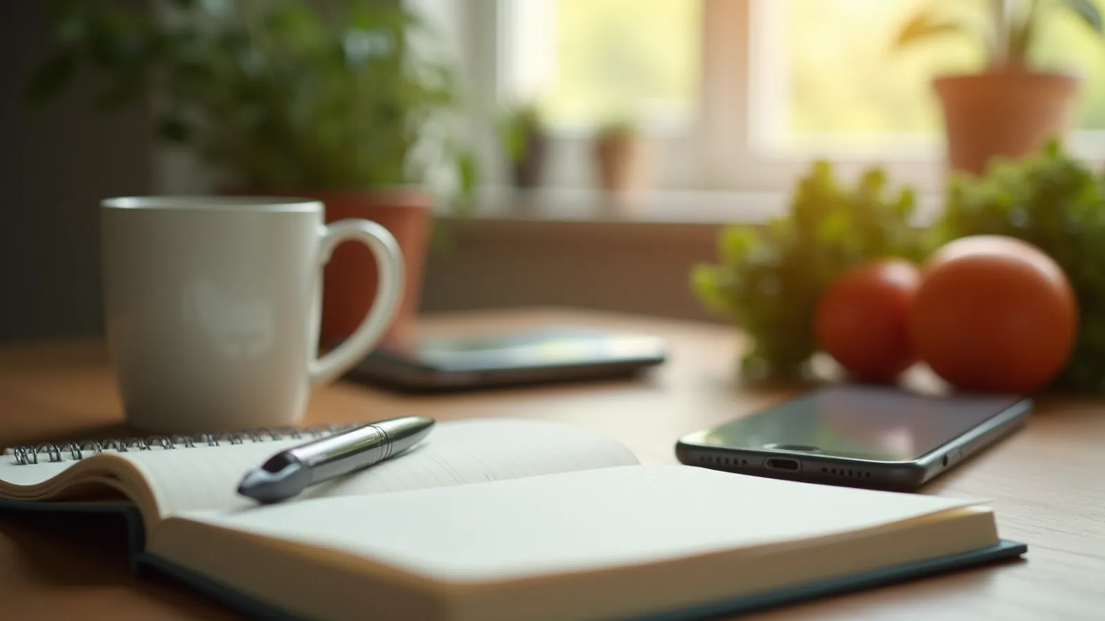 Open notebook and pen on a calm kitchen counter, page turned away