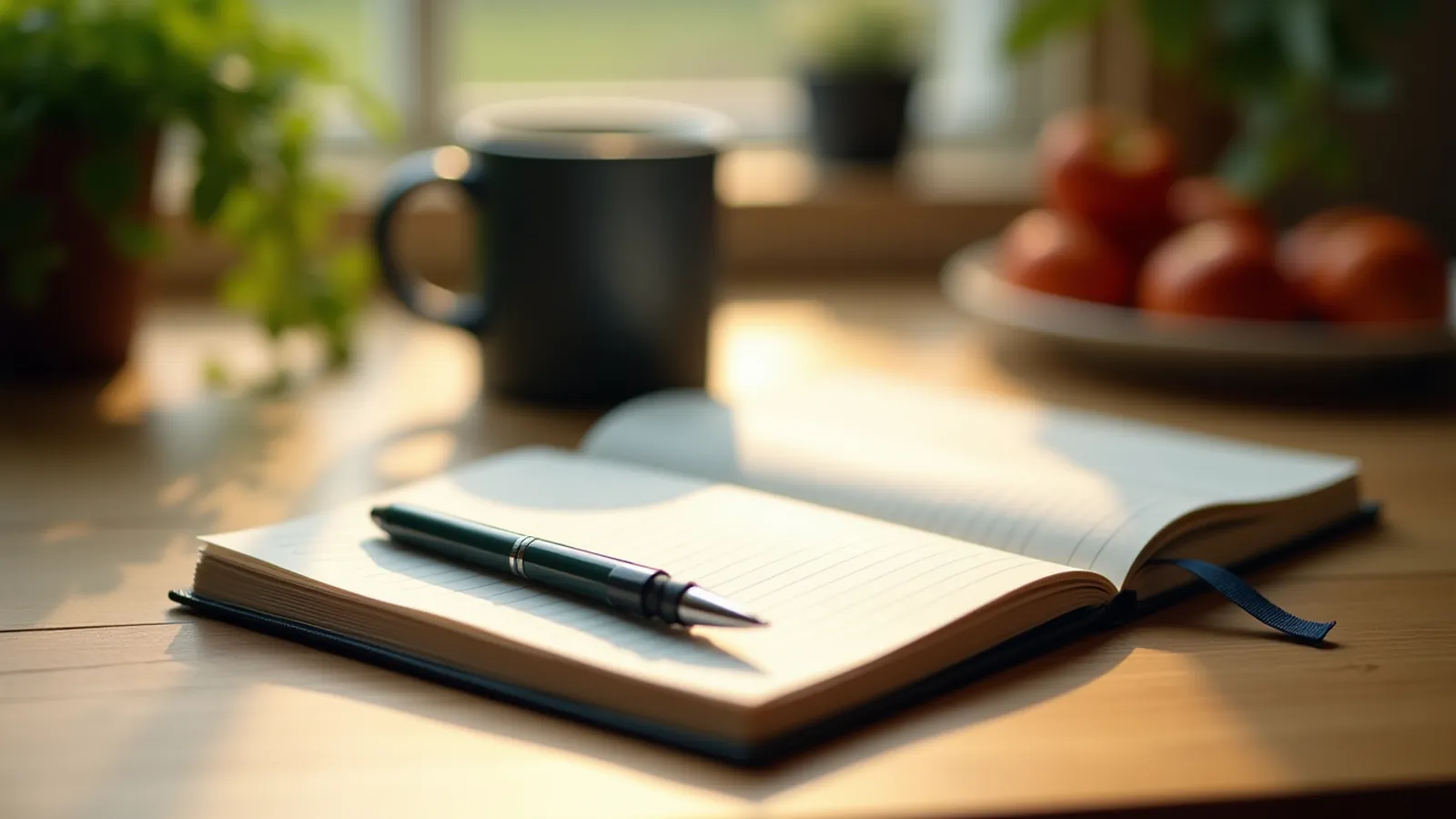 Open notebook and pen on a wooden desk in soft afternoon light.