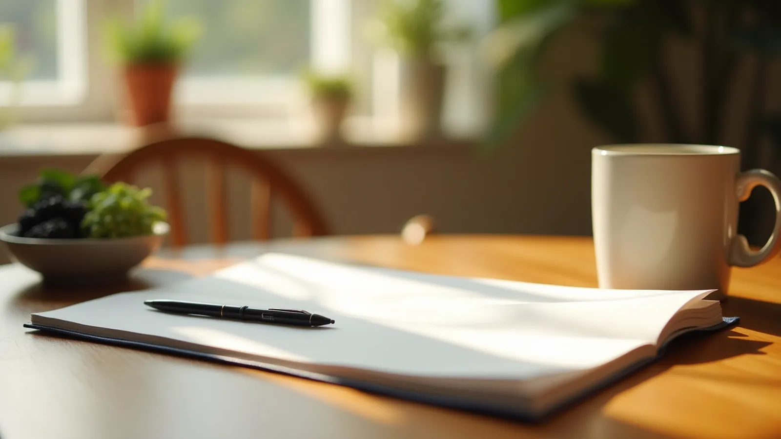 Blank notebook and pen on a kitchen table ready for doctor visit questions.