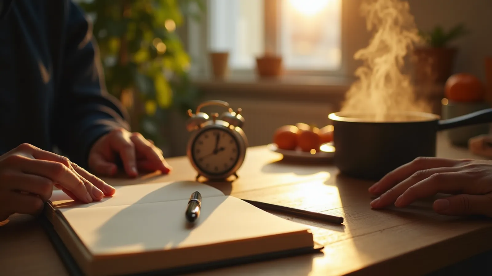 A calm kitchen table with notebook, timer and mug for evening diabetes learning.