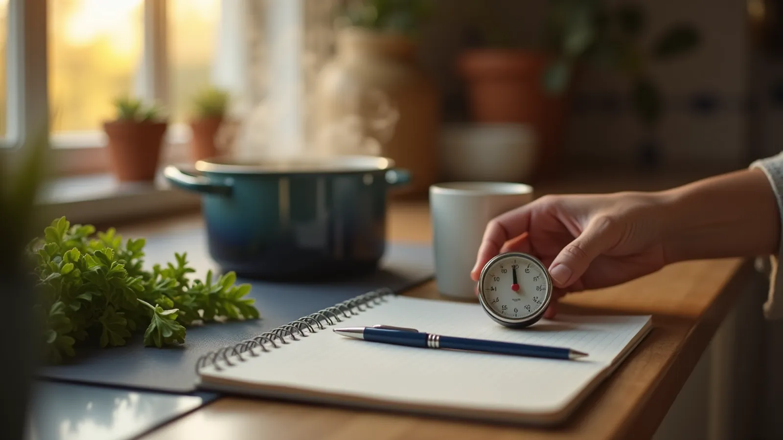 A hand turns a kitchen timer beside a notebook while dinner simmers nearby.