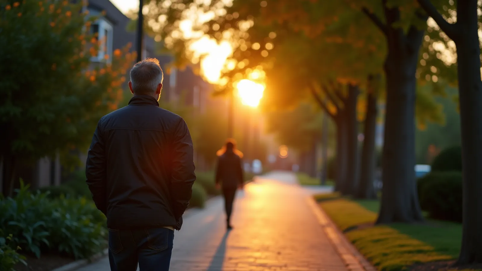 A person seen from behind walking along a quiet sidewalk at dusk.