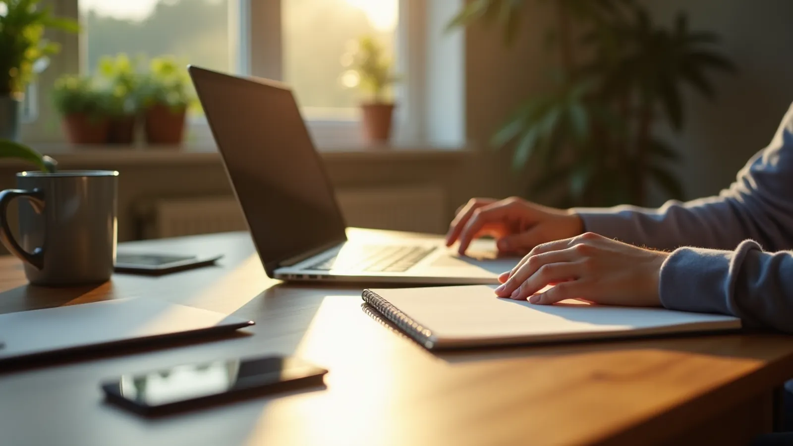 Hands turn a laptop away beside a plain page and pen.