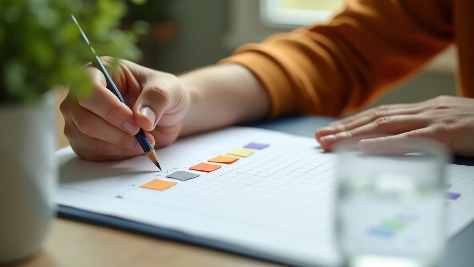Hands and a pencil beside a grid worksheet with colored tabs.