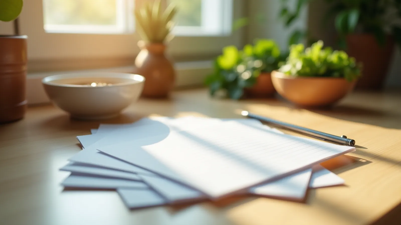 Five blank index cards fanned on a wooden counter with pen and lentils.