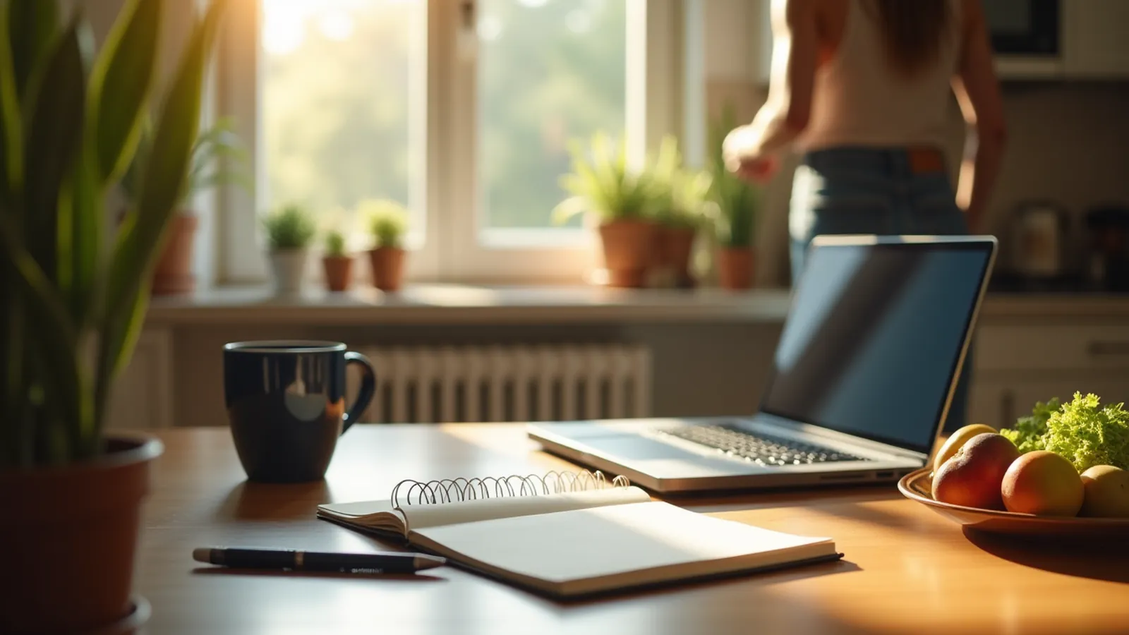 Checking holistic diabetes treatment scams at a calm kitchen table with notebook and closed laptop