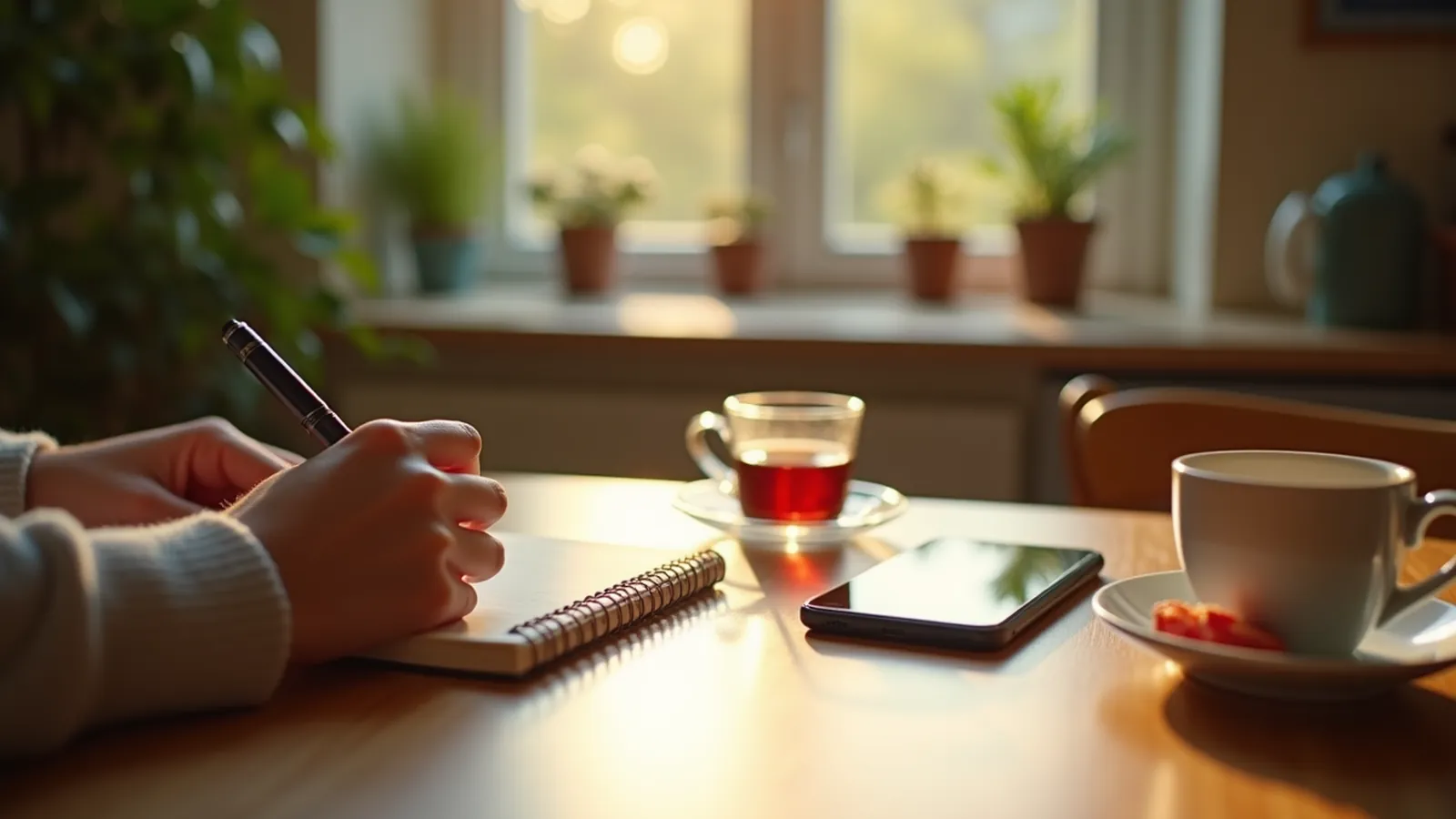 Notebook and pen on a sunlit kitchen table for holistic provider questions