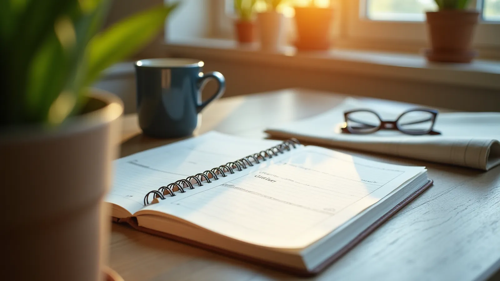 A kitchen table with a notebook, pen, mug and folded lab results in morning light.