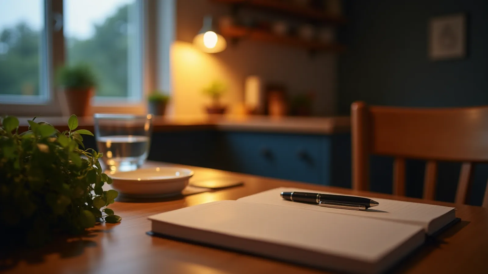 A calm kitchen table with a notebook and pen, suggesting natural diabetes remedy planning.