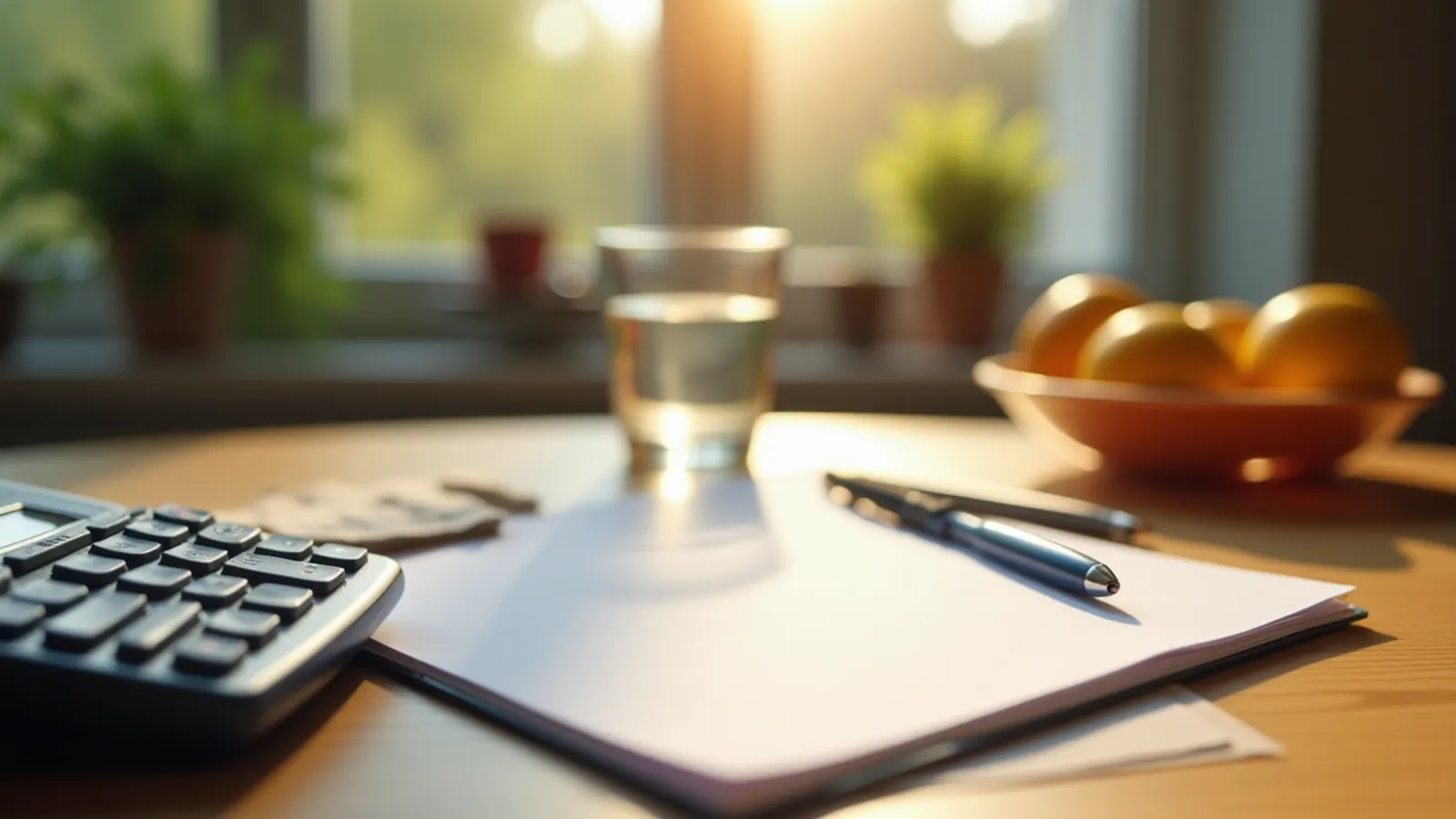 Calculator and blank notepad on a sunlit kitchen table for net carbs planning