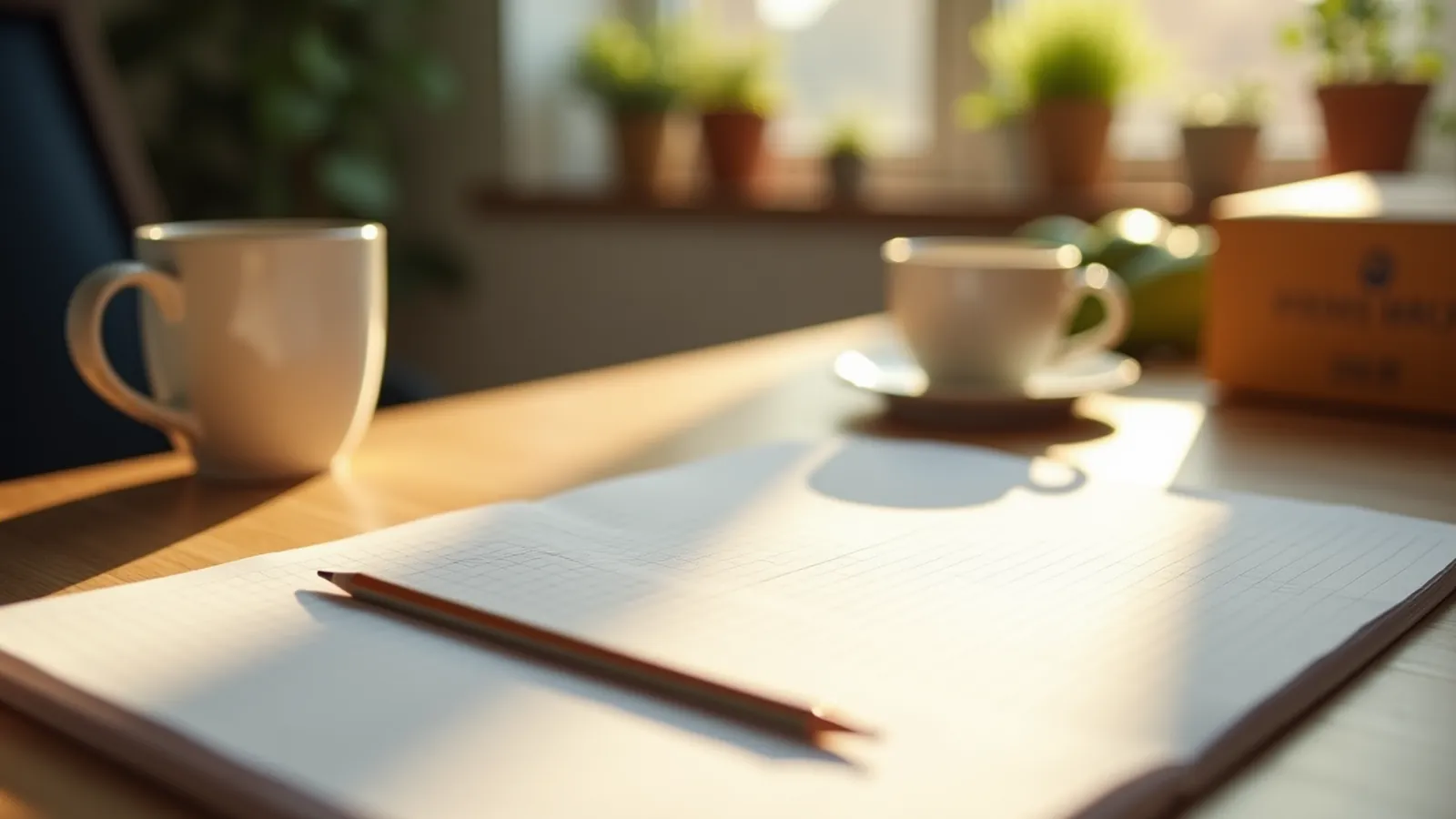 A nutrition label worksheet sits on a kitchen table beside a pencil and mug.