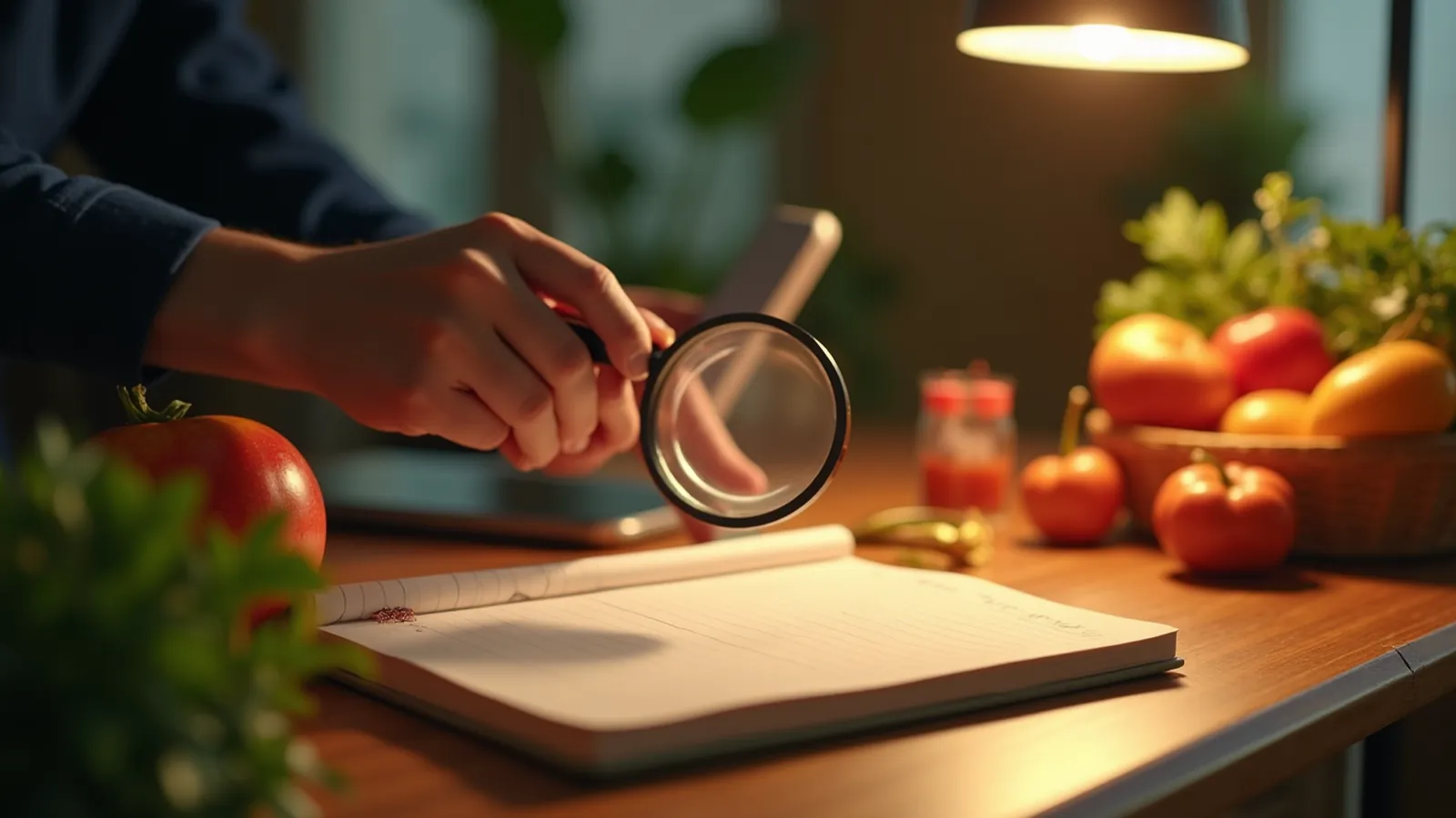 Hand moving a magnifier over a blank package front beside a notebook on a wooden counter.