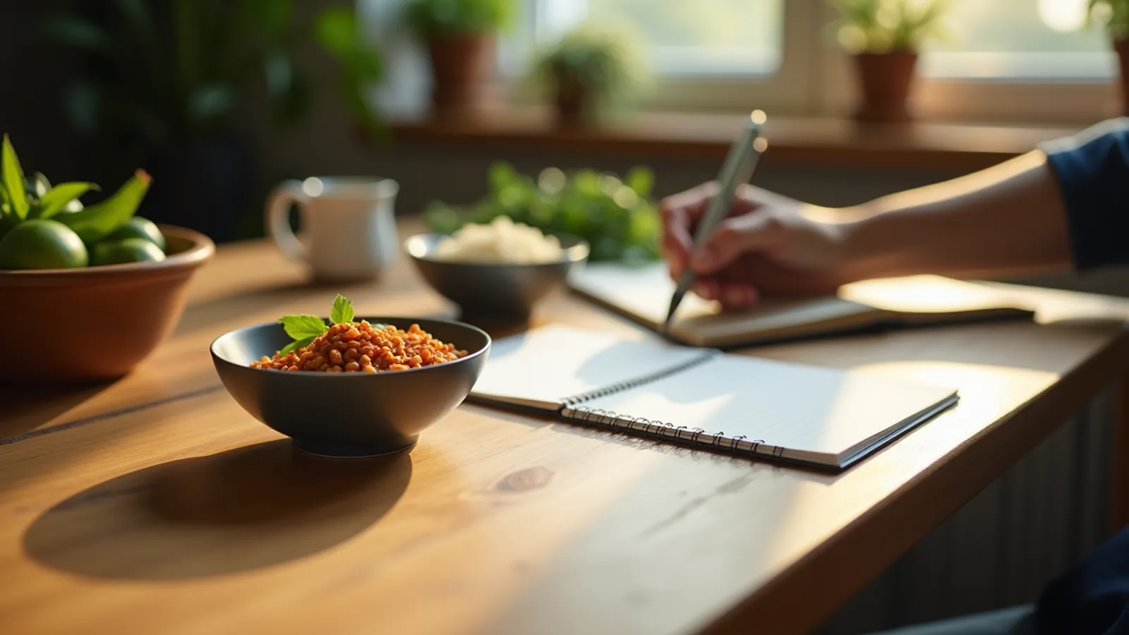 Two bowls of lentils and rice beside a notebook with two empty columns.
