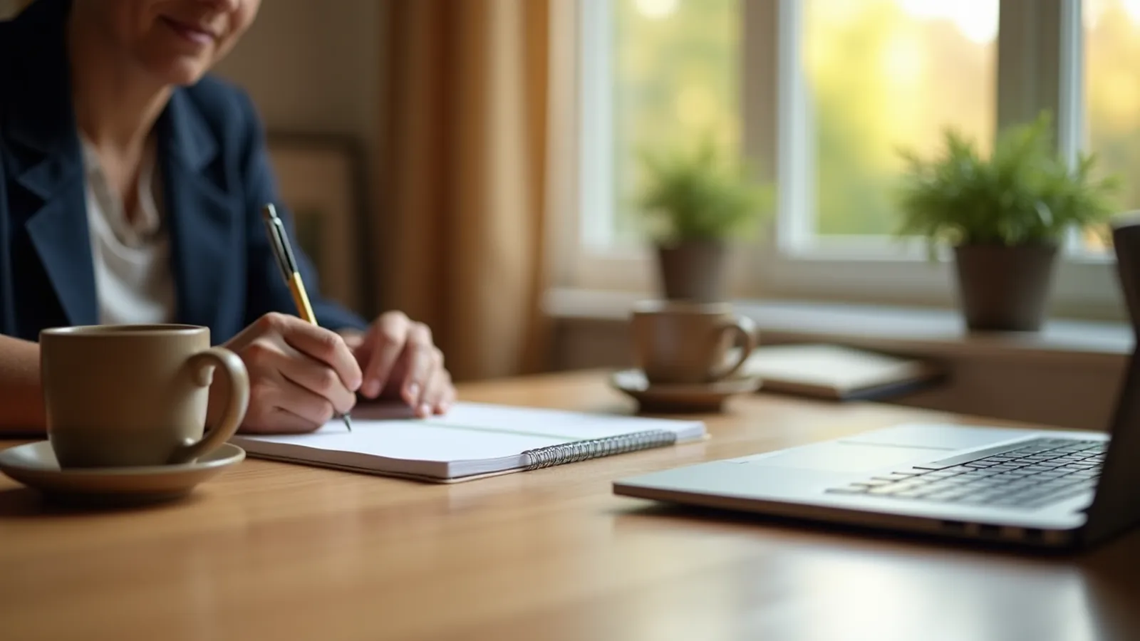 Hands at a kitchen table with notebook and mug, starting to learn about prediabetes.