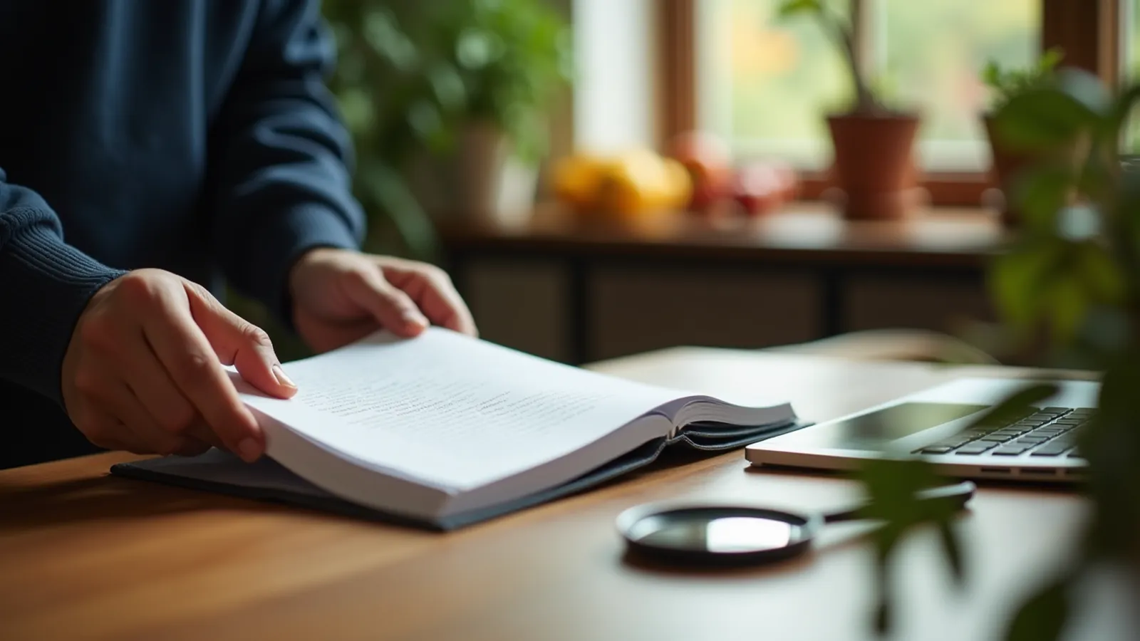 Hands comparing a folded paper and closed reference book at a library table.