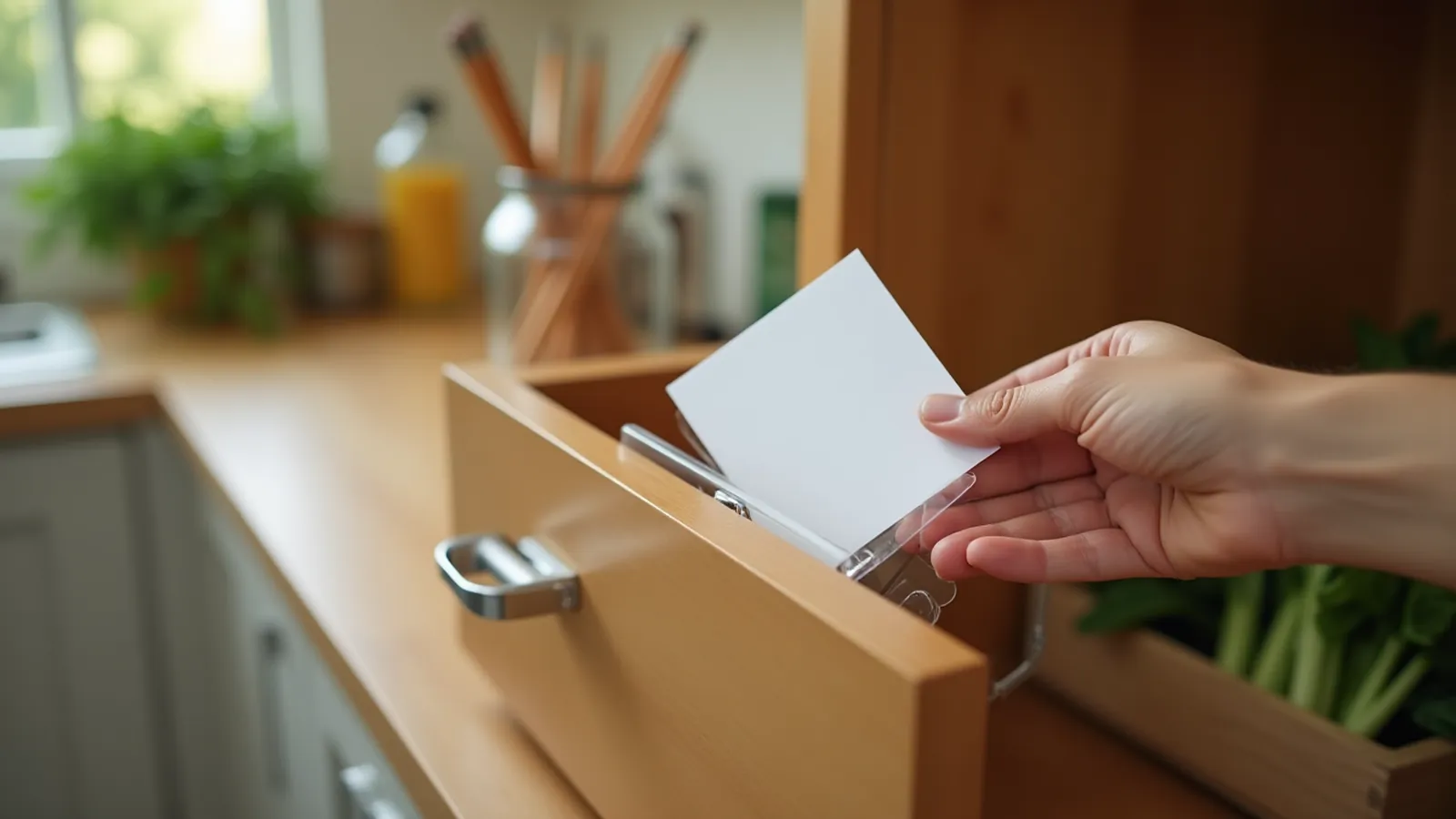 A hand storing a blank printable food log card in a cabinet sleeve.
