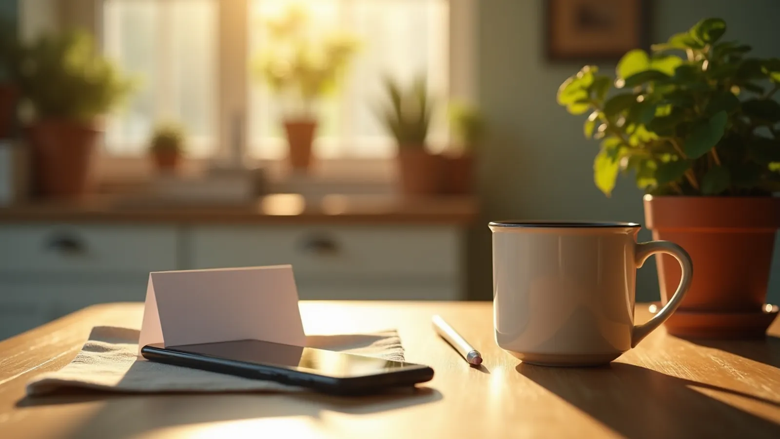 A blank printable food log card and pencil on a sunlit kitchen table.