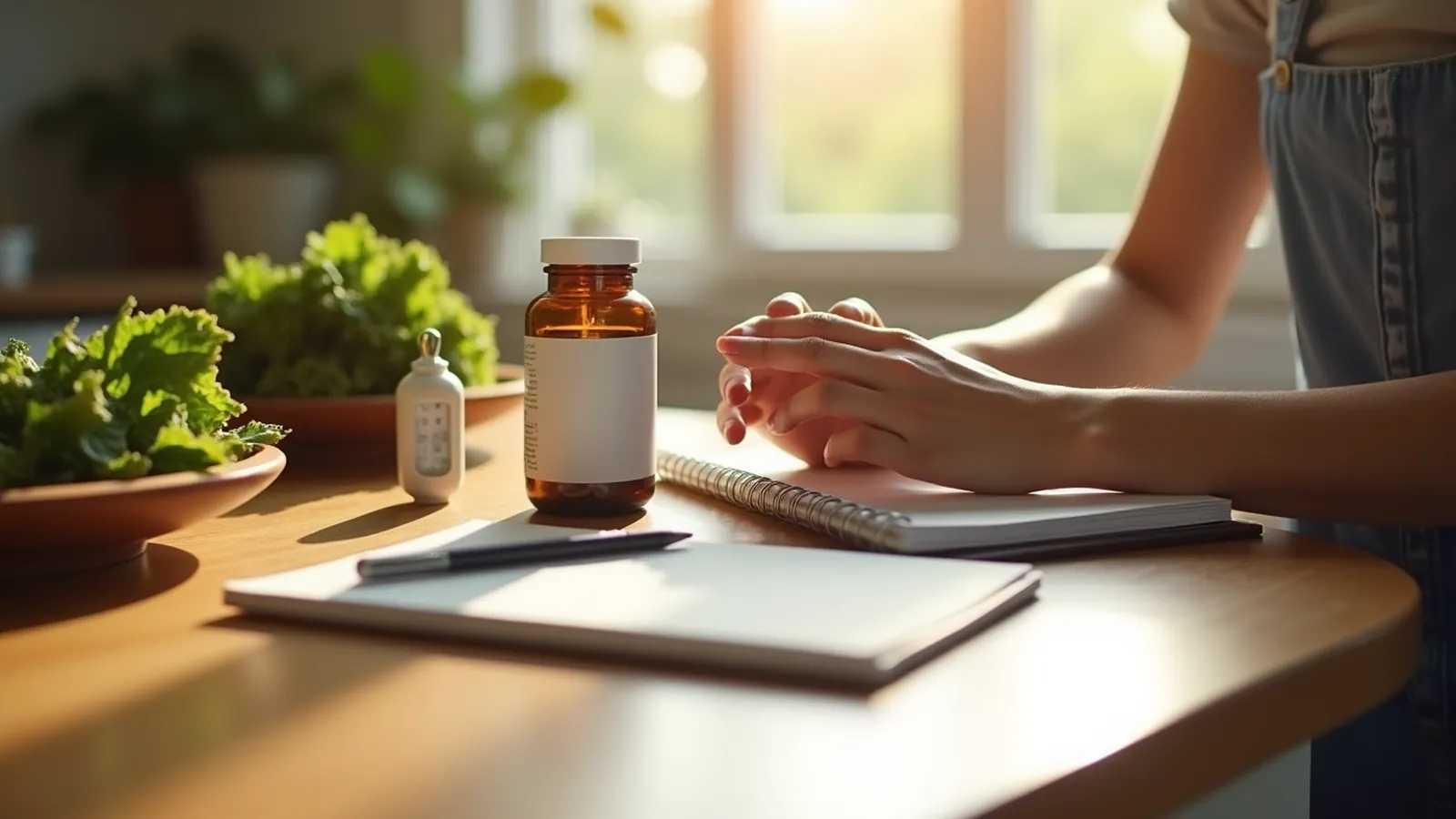 Hand beside unmarked supplement bottle, kitchen timer, and blank checklist card on counter