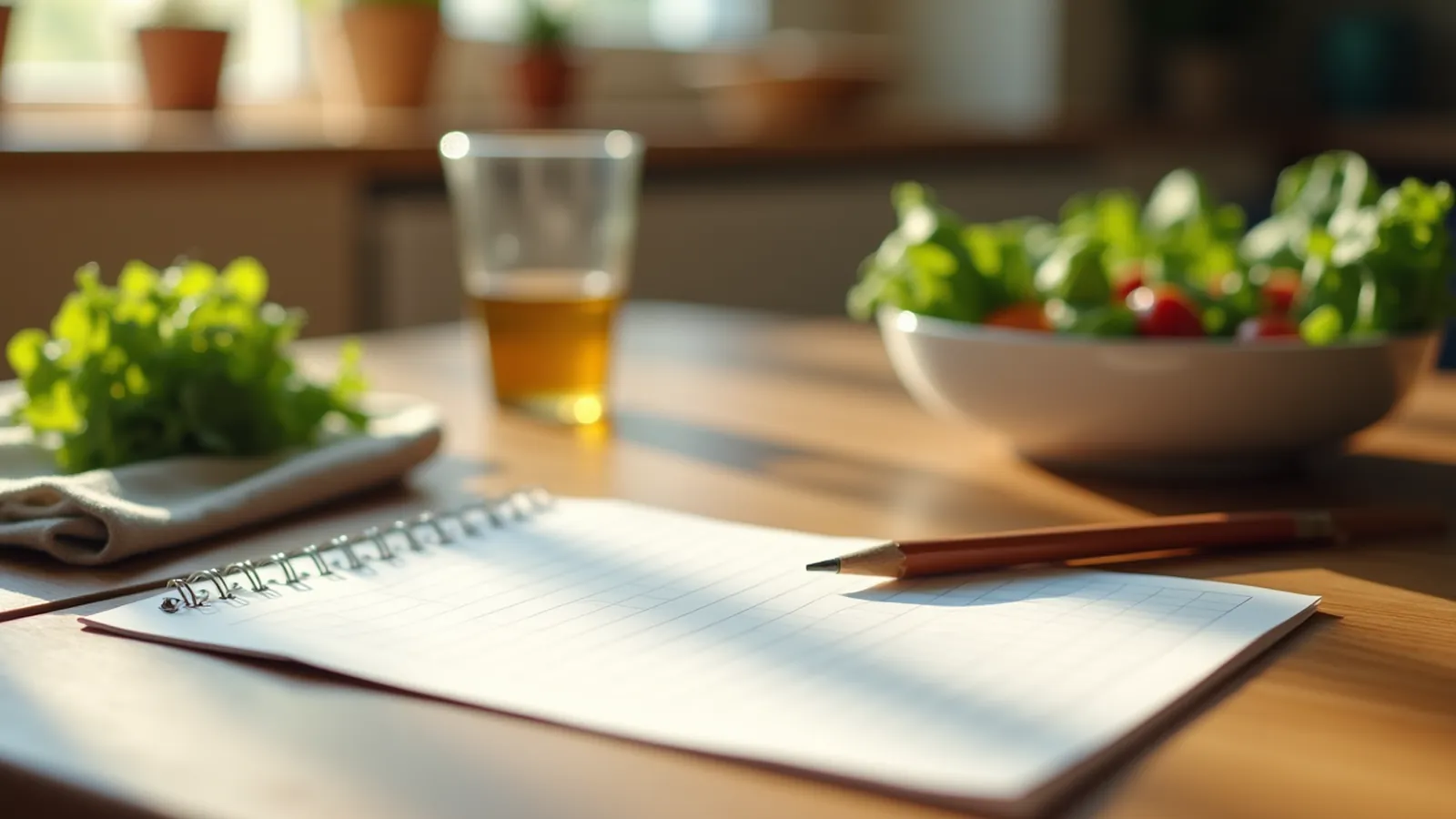 A recipe carb calculator card and pencil on a kitchen table with vegetables.