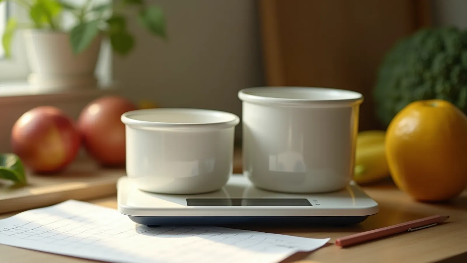 Two plain tubs on a hidden-display scale beside a pencil and blank grid paper.