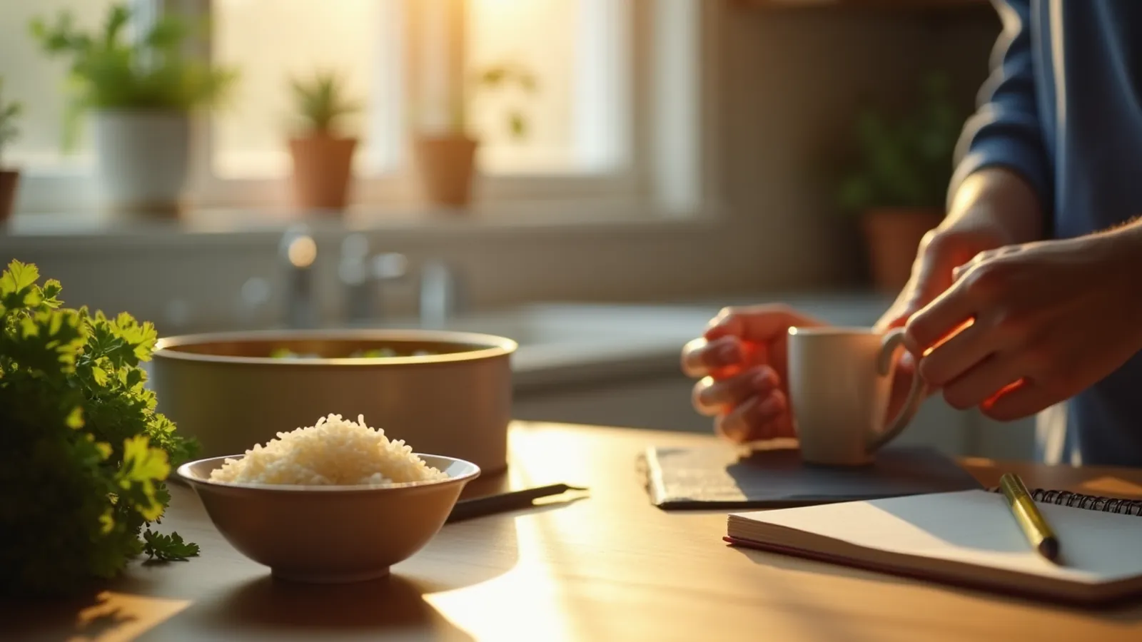 Small bowl of rice beside larger plain container on kitchen table, showing serving size of carbs.
