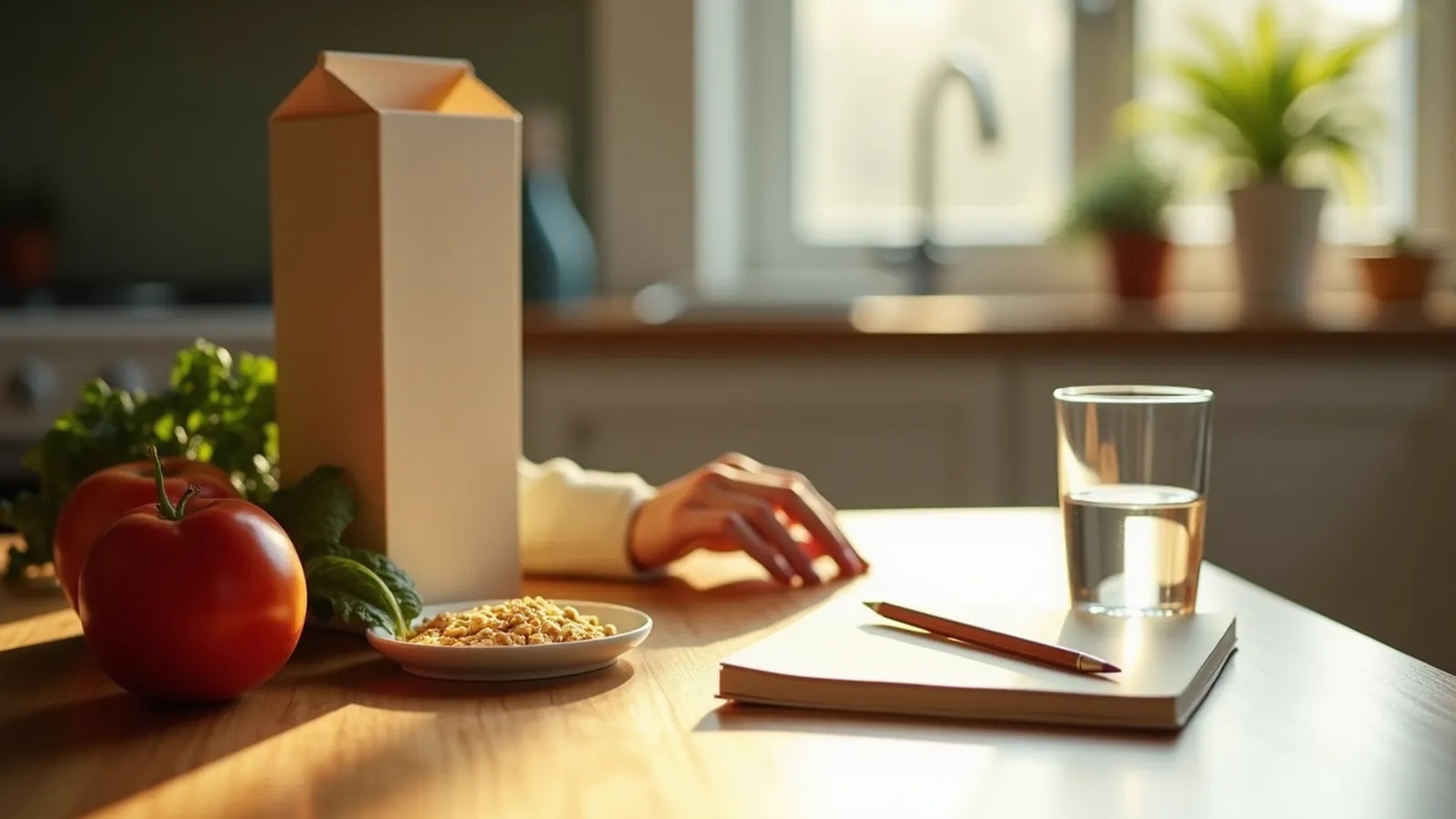 Cereal box, notebook and glass on a kitchen table, with servings per container in mind.