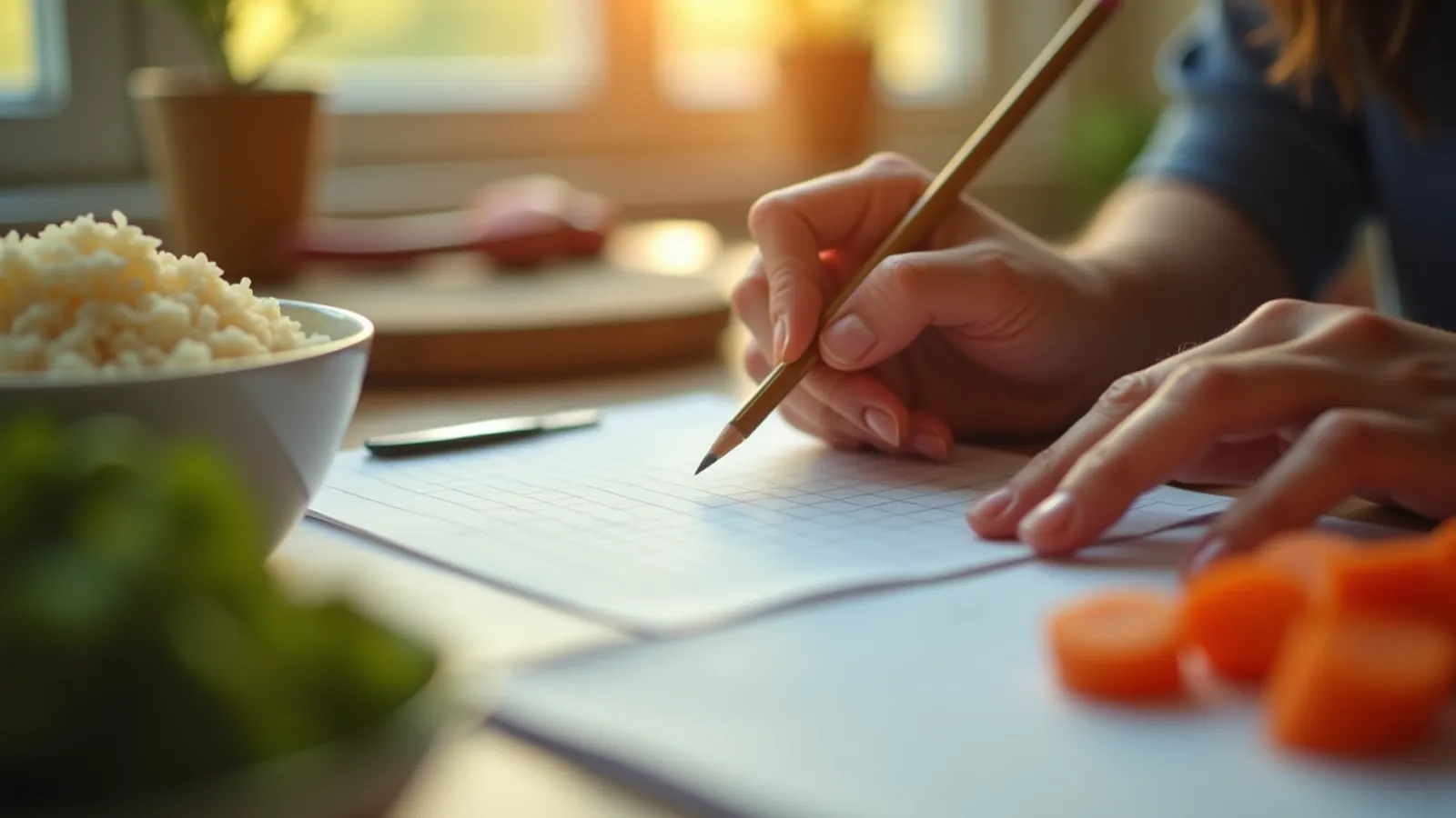 Hands guide a pencil along blank columns on a kitchen card beside ingredients.