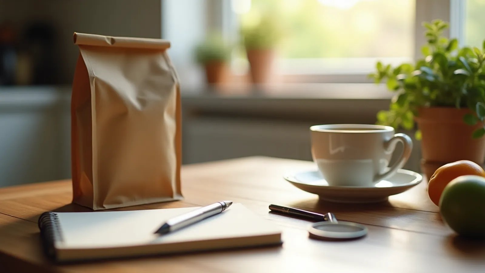 Plain food package, blank notebook, pen, tea, and magnifying glass for checking sugar alcohols.