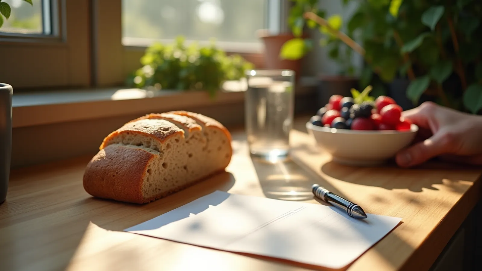 Bread, berries, water, blank card, and pen on a sunlit kitchen counter.