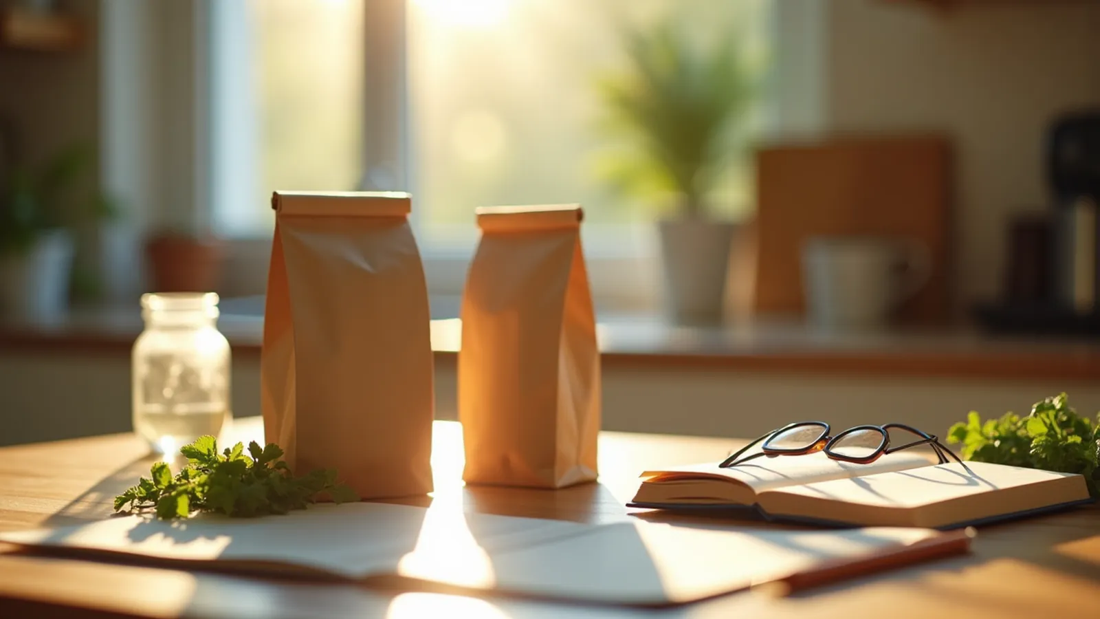 Plain food packages and notebook on a sunny table for comparing sugar-free and no-sugar-added choices.