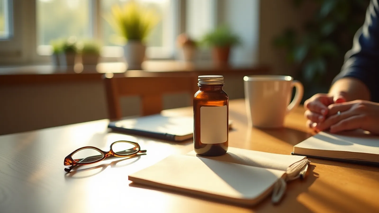 Supplement facts reading setup on a kitchen table with amber bottle, notebook and pen