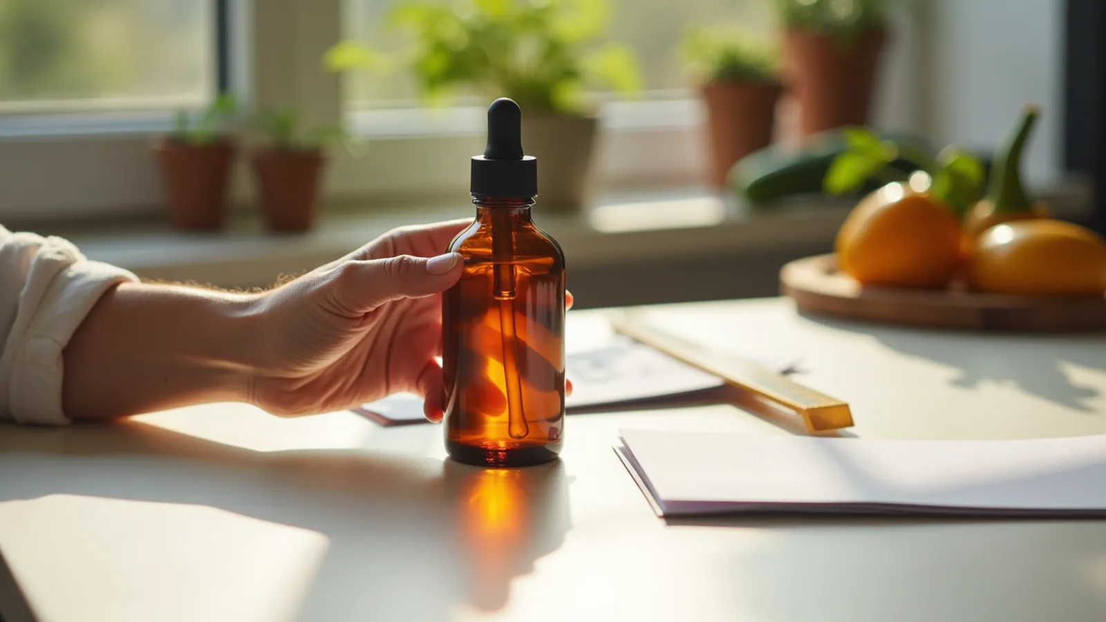 Hands sorting a plain supplement bottle beside a folded brochure and blank cards