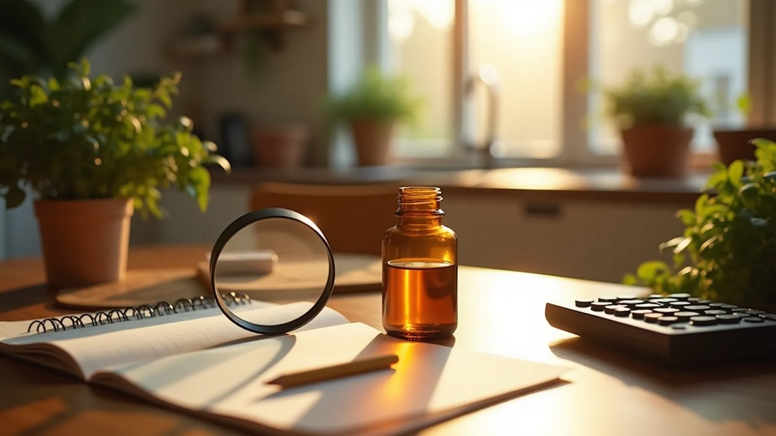 Magnifying glass over an unlabeled bottle beside a notepad and calculator on a wooden table.