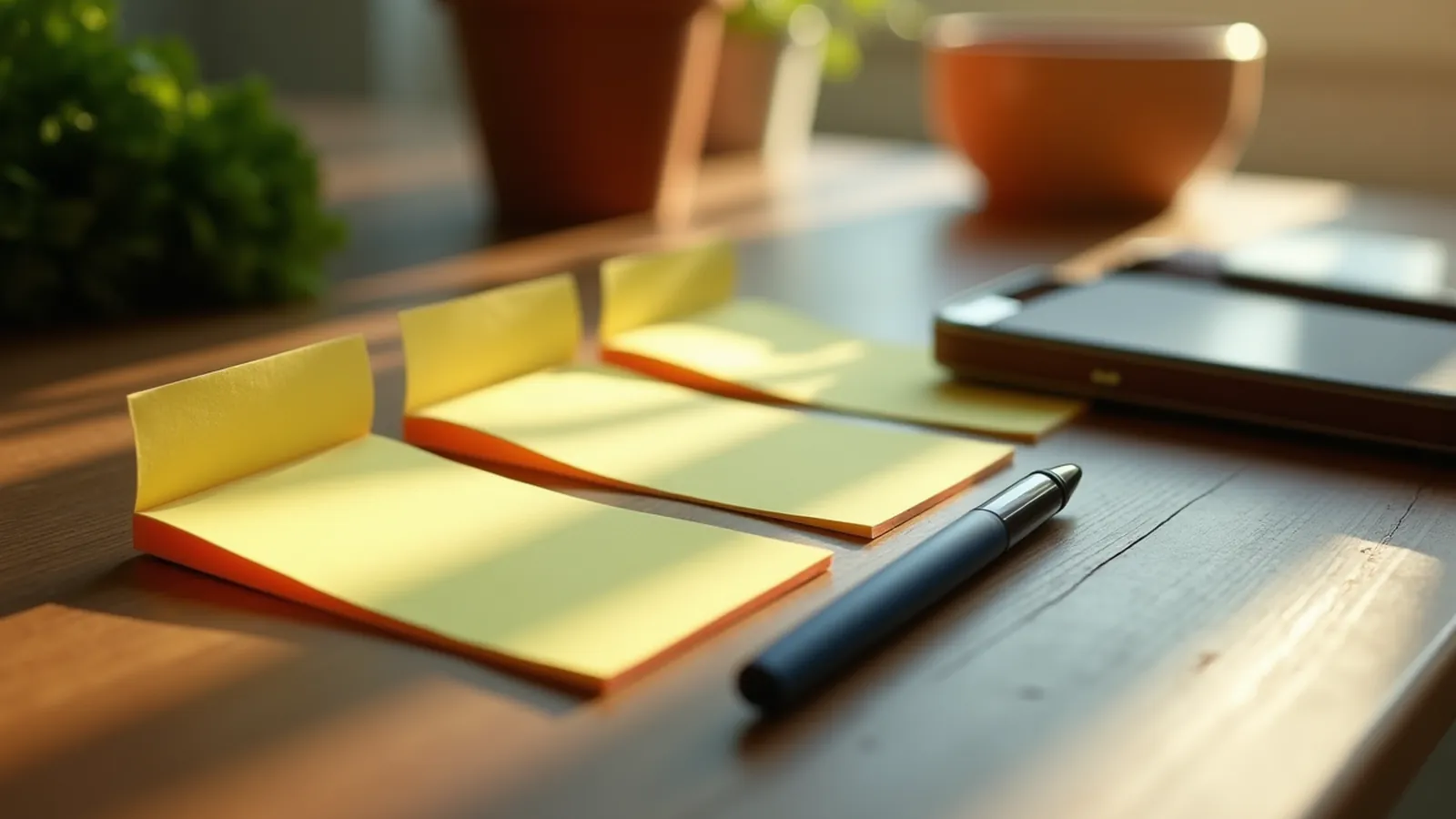 Three blank sticky notes, a pen and a closed wallet on a desk