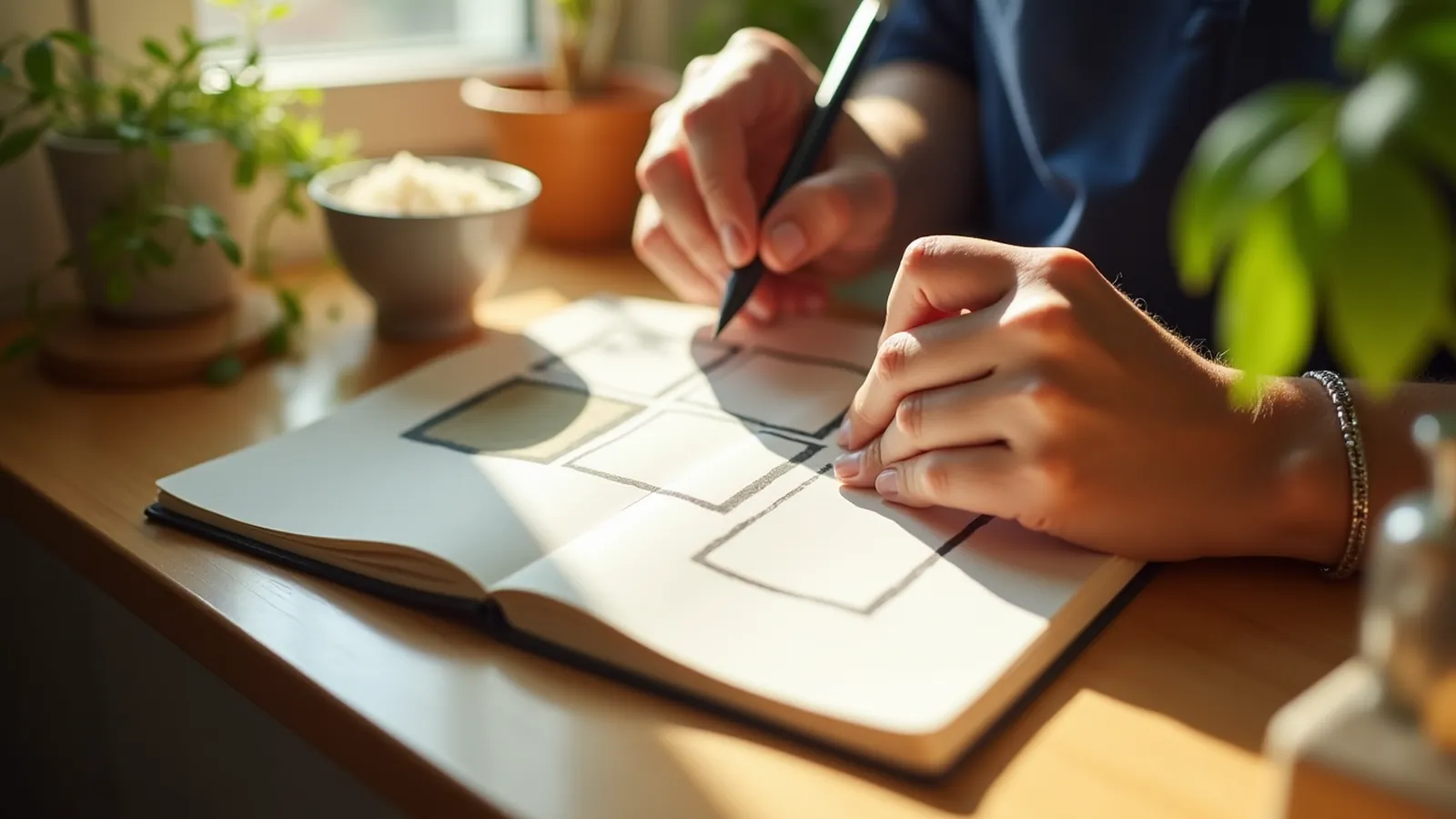 Hands drawing three blank squares in a notebook beside measuring cup and rice bowl.