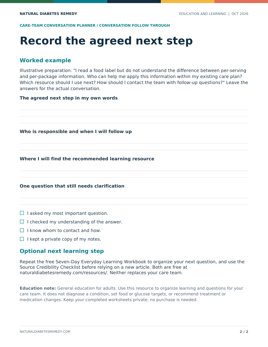 Planner page 2: the agreed next step, a four-item check and a worked example