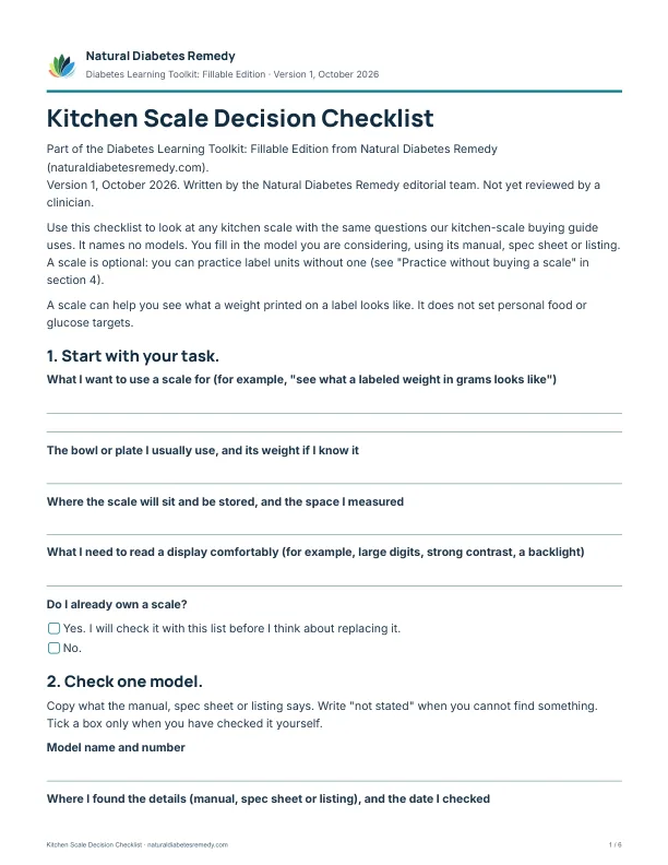 First page of the Kitchen Scale Decision Checklist, with fill-in fields for your task and the model you are checking