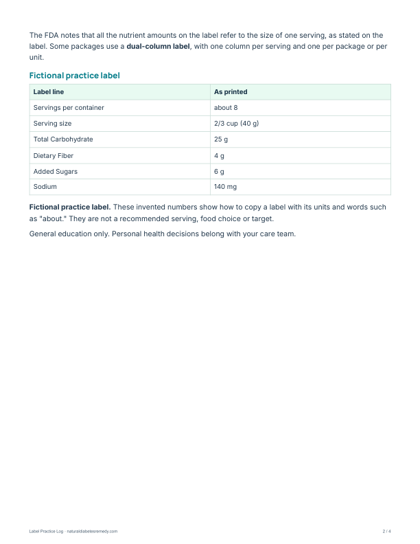 Label Practice Log, page 2: a table for copying three labels from your own foods