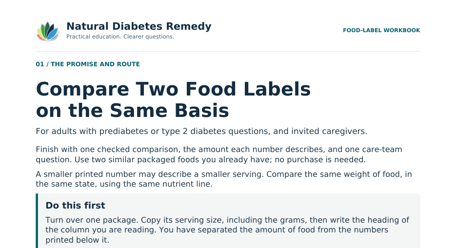 Top of workbook page 1: Compare Two Food Labels on the Same Basis, who it is for, what you finish with, and the Do this first box