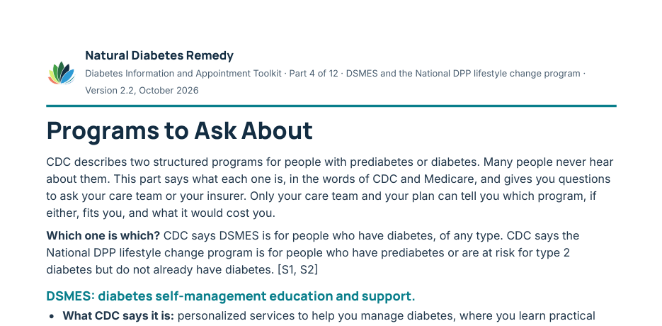 First page of Programs to Ask About: what CDC says DSMES is, who it is for, cost and coverage, how to find one, and four questions to ask