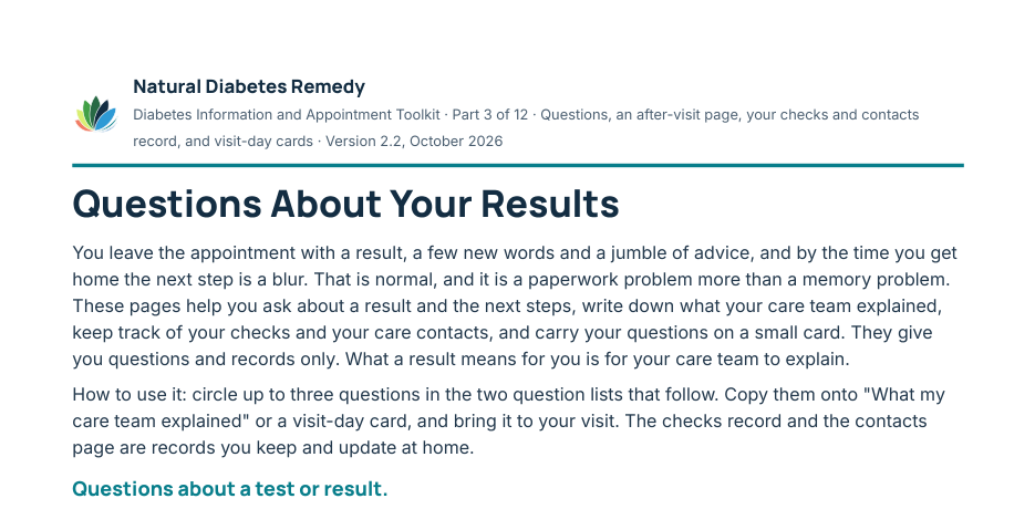 First page of Questions About Your Results: question starters about a test, a result and the next check