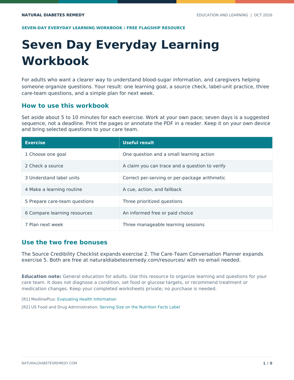 First page of the Seven-Day Everyday Learning Workbook