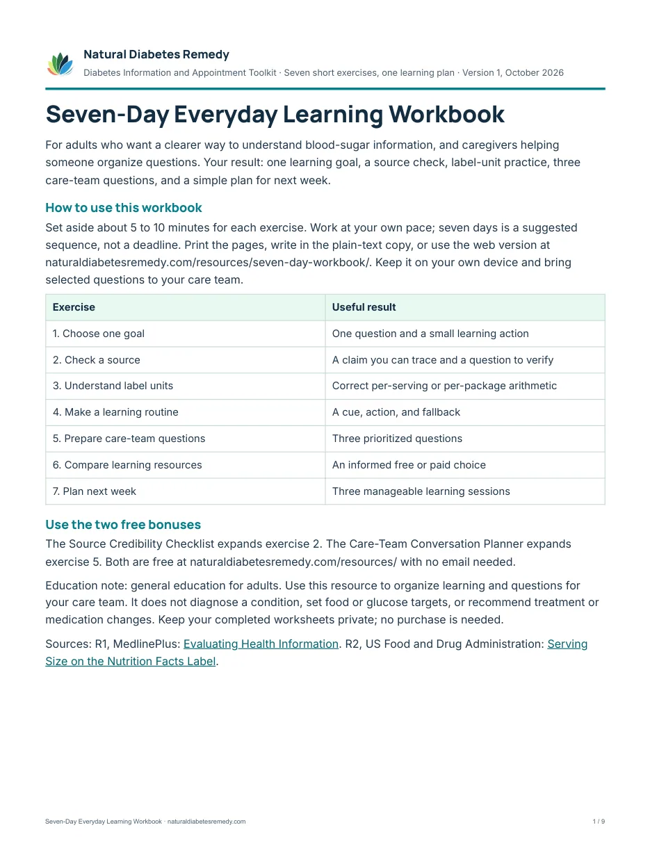 First page of the Seven-Day Everyday Learning Workbook: who it is for, the seven exercises and the two free bonuses