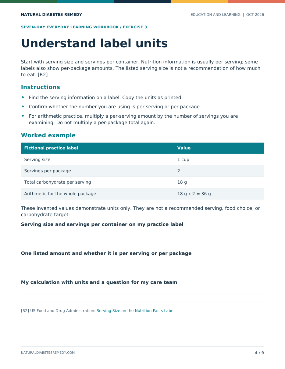 Workbook page 4: exercise 3, understand label units, with a fictional practice label